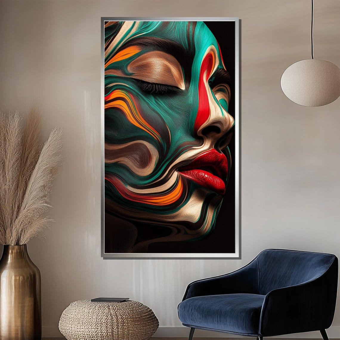 Abstract Woman Face in Marbled Swirls Teal Orange Modern Art Poster - Image 2