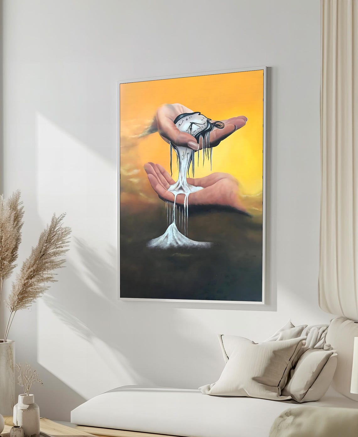 Surrealist Melting Clock Held by Two Hands on a Golden Sky Poster