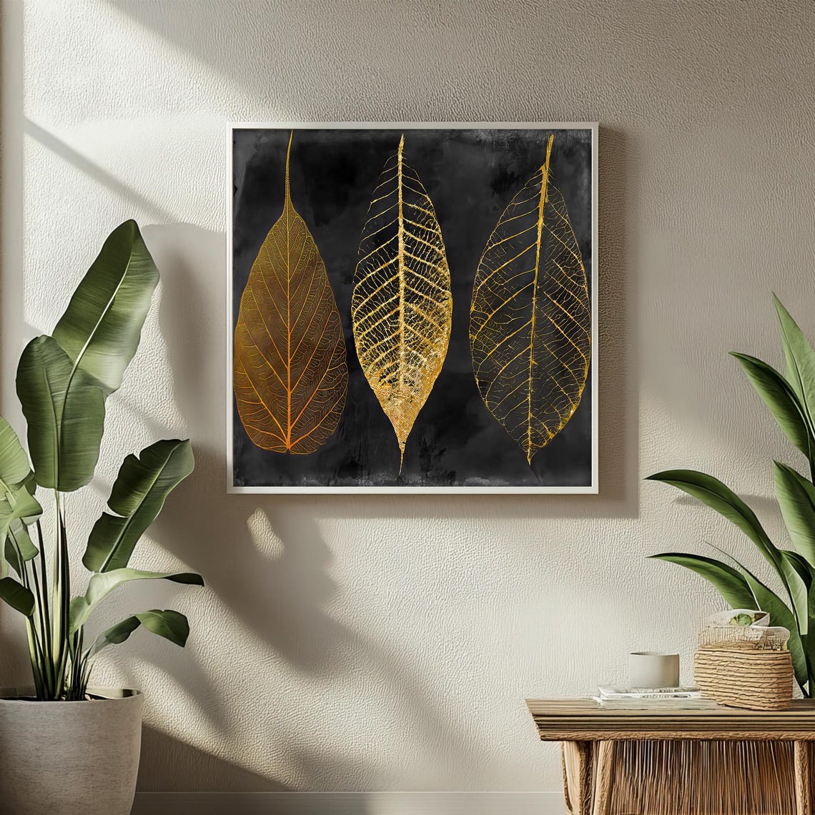 Golden Leaf Skeletons on Black Minimalist Botanical Art Poster - Image 2