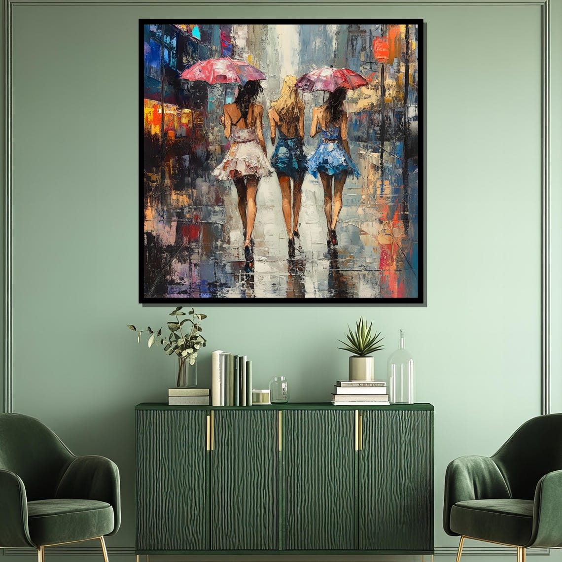 Three Women With Umbrellas Rainy Night City Street Scene Poster - Image 3