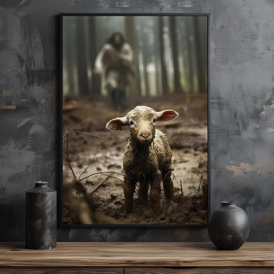 The Lost Lamb Standing In A Misty Forest With The Shepherd Behind Poster - Image 2