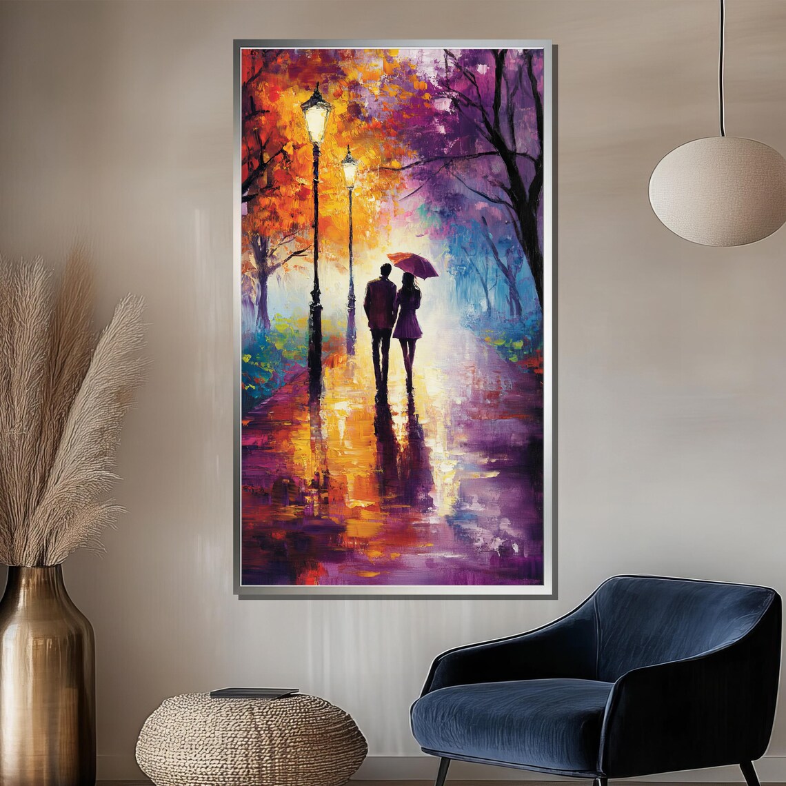 Couple With Purple Umbrella on Rainy Lamp Lit Street Art Poster - Image 2