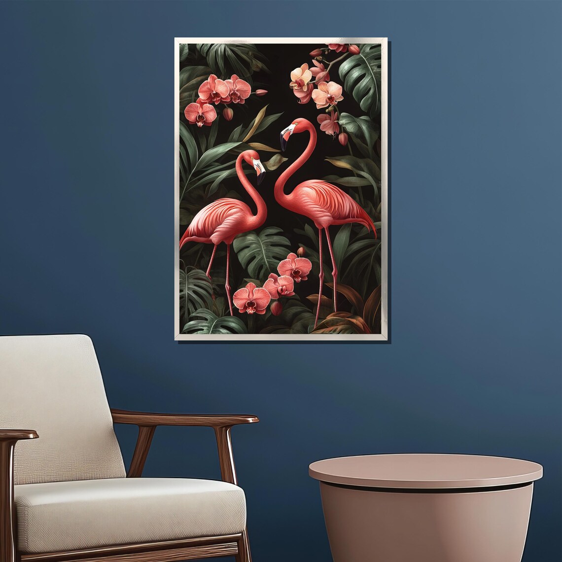 Pink Flamingos And Orchids Lush Tropical Botanical Jungle Poster - Image 2