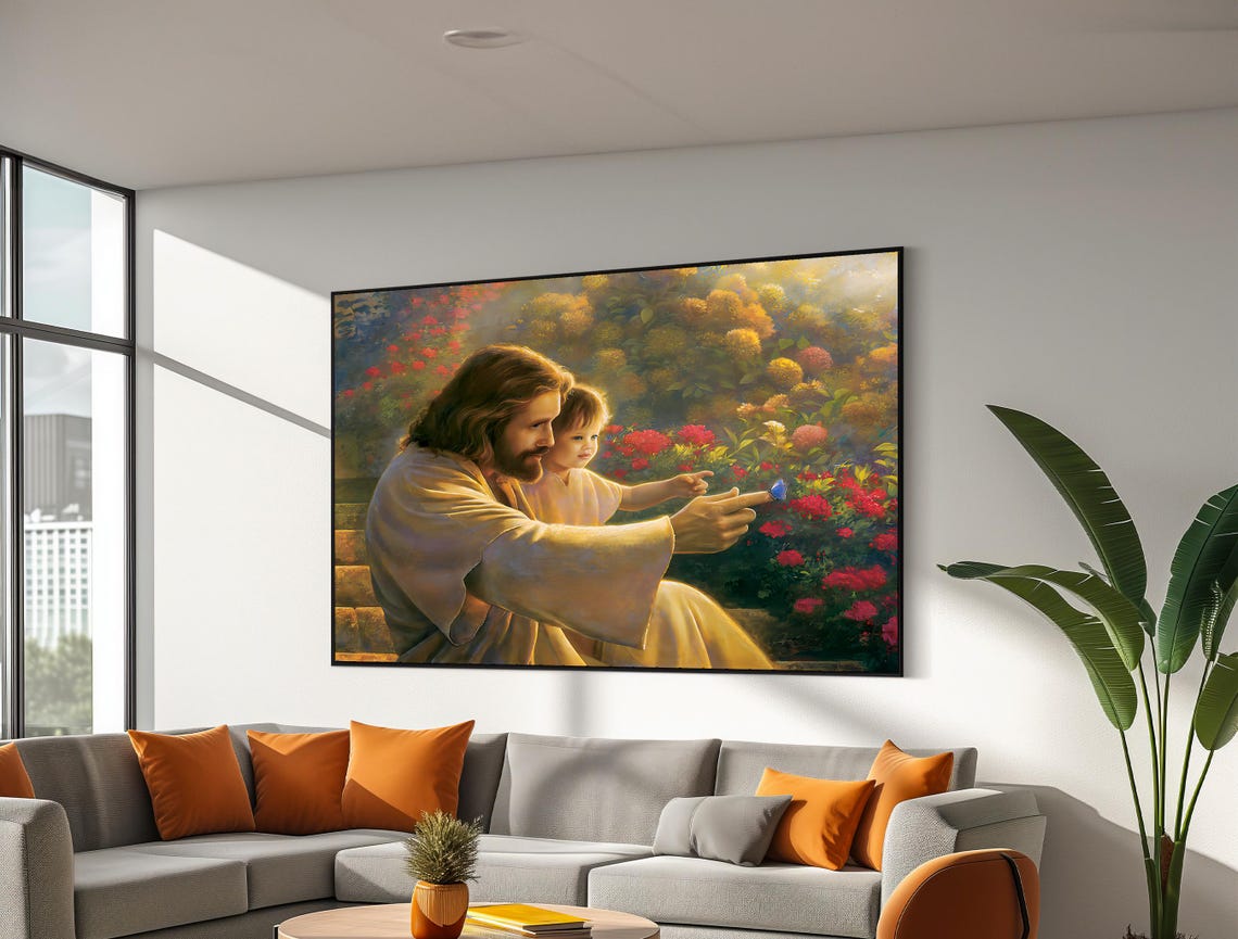 Jesus With Child In Flower Garden Religious Devotional Art Poster