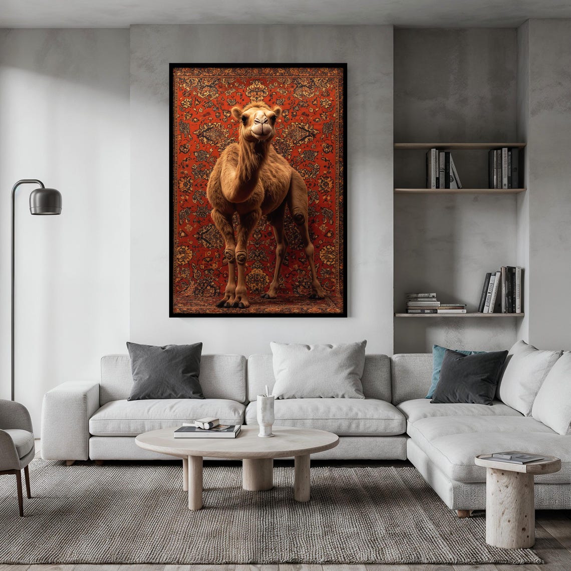 Camel Facing Forward with a Smile on a Deep Red Persian Rug Poster - Image 2