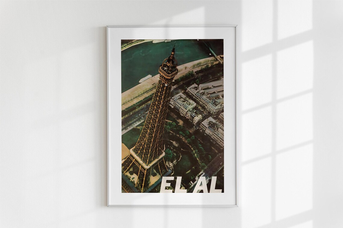 Vintage El Al Airline Travel Poster Eiffel Tower Paris Aerial View