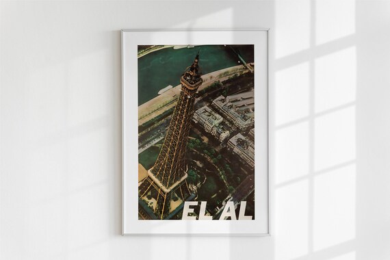 Vintage El Al Airline Travel Poster Eiffel Tower Paris Aerial View