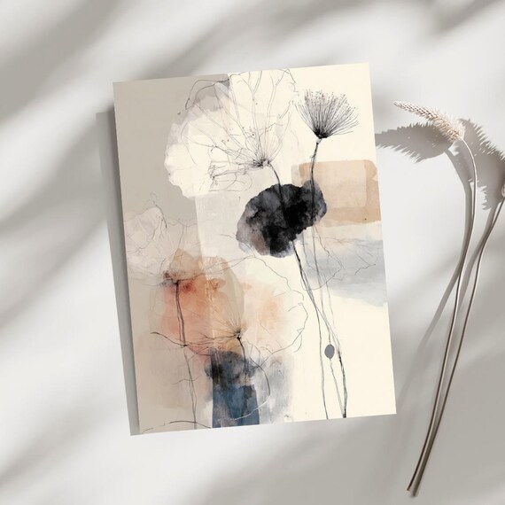 Abstract Botanical Line Art Neutral Watercolor Minimal Art Poster
