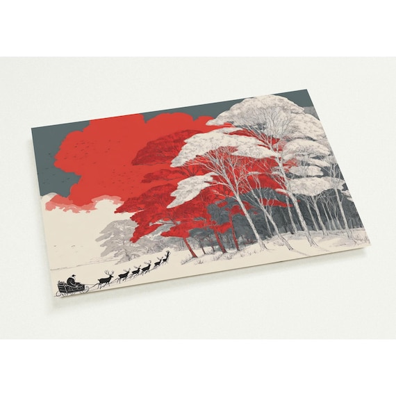 Retro Santa Sleigh Red Grey Forest Minimalist Christmas Art Poster