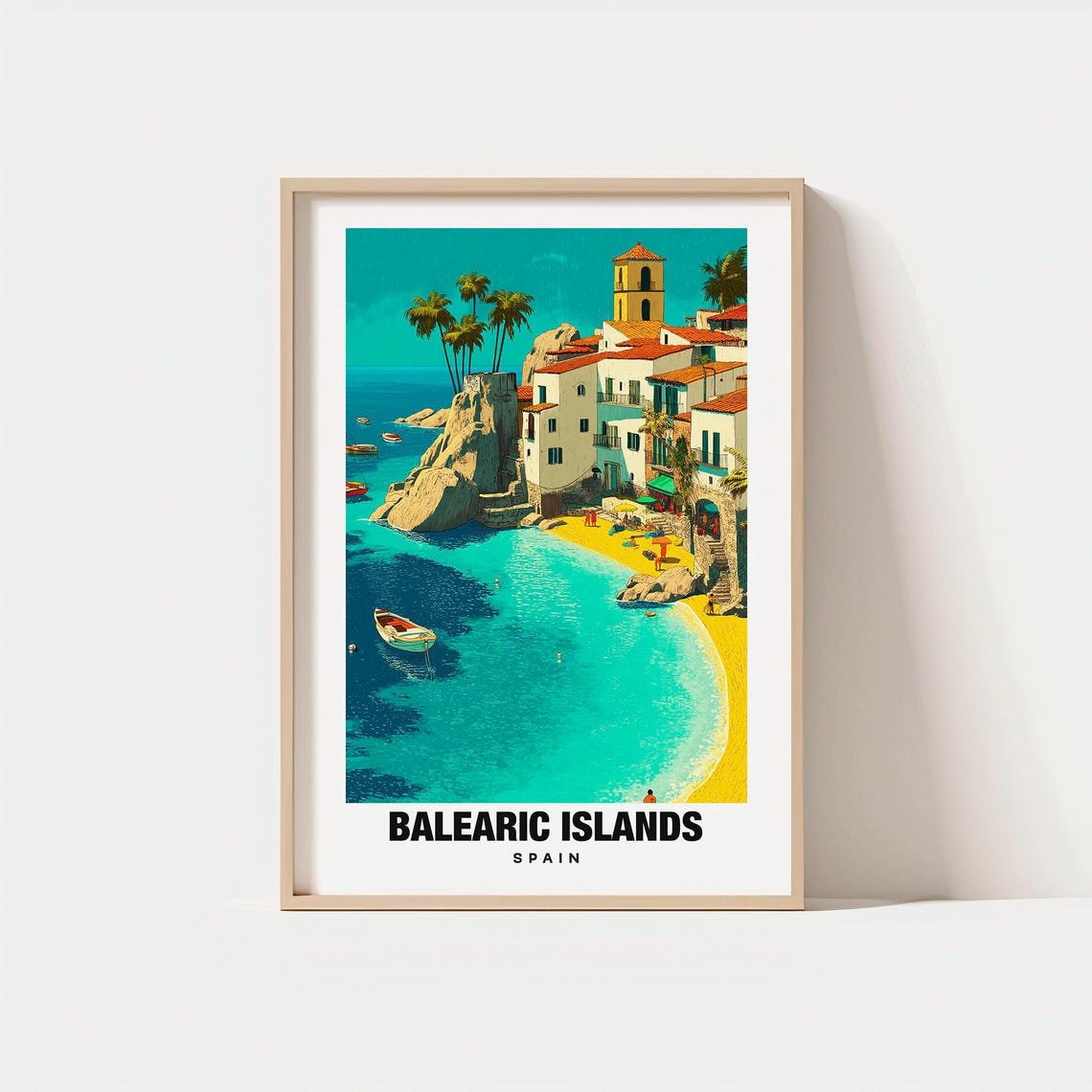 Balearic Islands Spain Palm Cliffside Cove Village Travel Poster