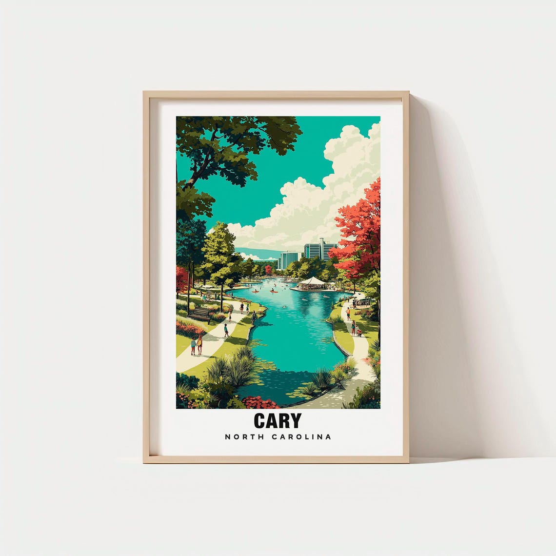 Cary North Carolina Park Lake Walking Trails City Skyline Poster