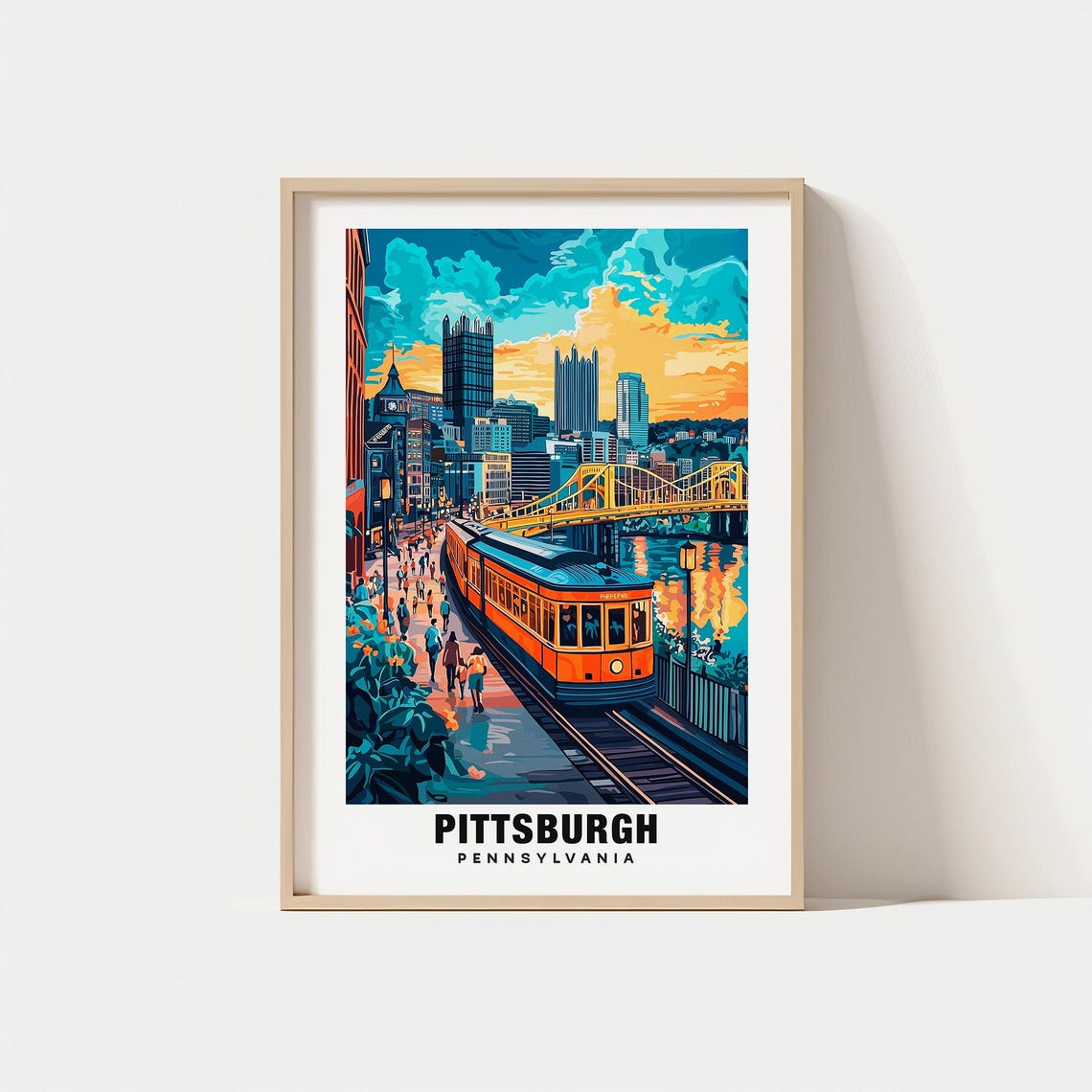 Pittsburgh Print Travel Poster Pennsylvania Art Scenic River Views Vibrant City Historic Landmarks Cultural Heritage Steel City Vibe
