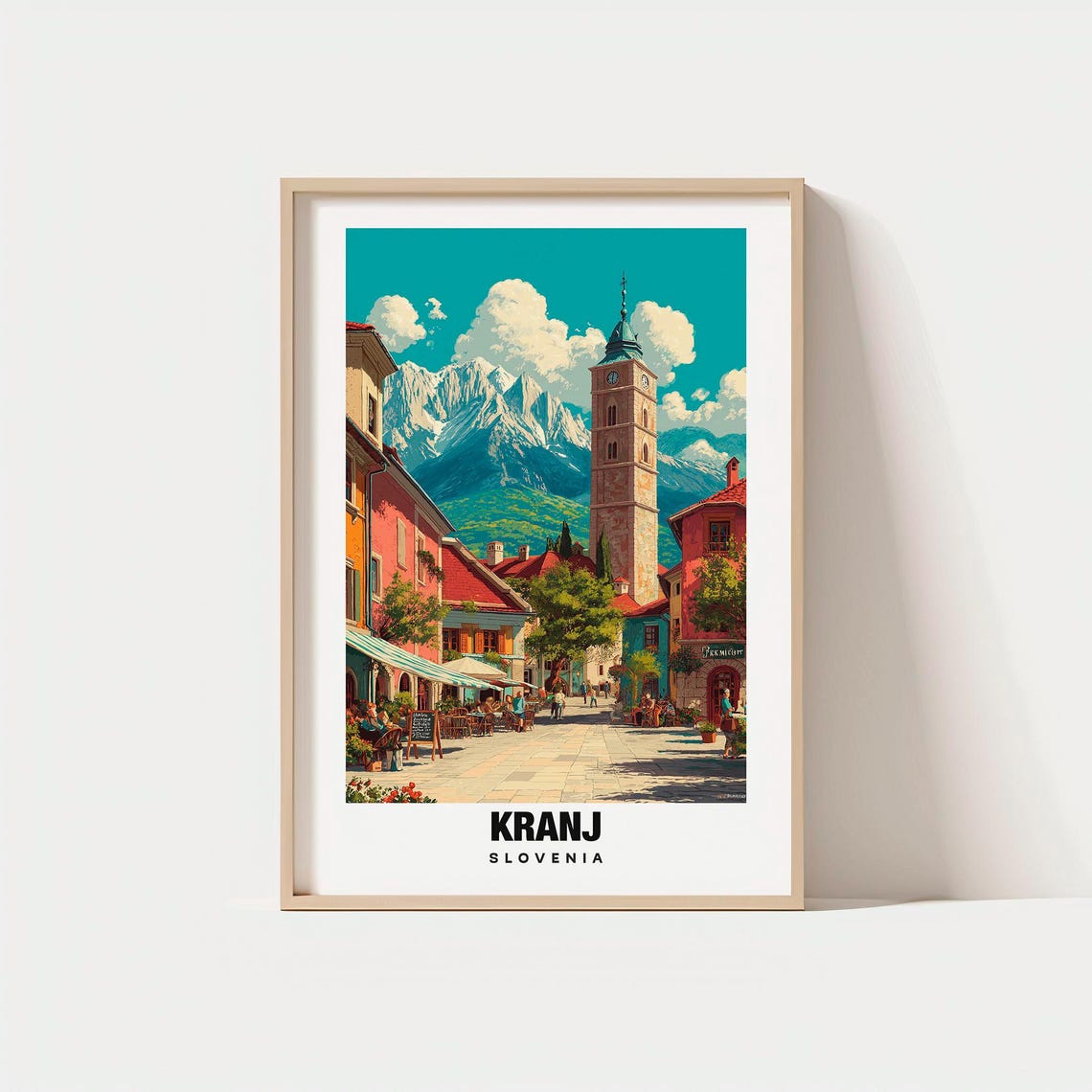Kranj Slovenia Old Town Square Clock Tower Snowy Alps Vintage Poster