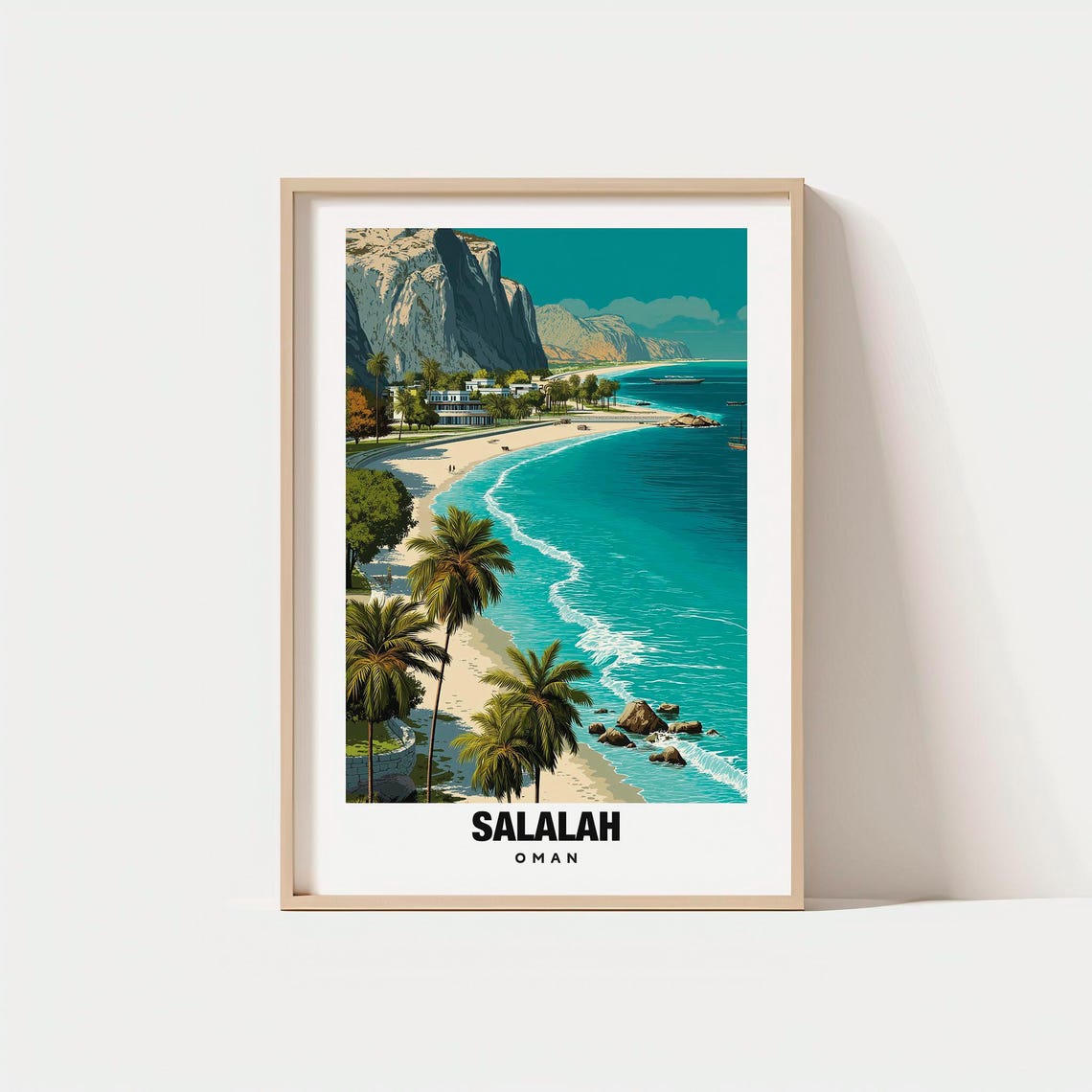 Salalah Oman Tropical Beach Palm Cliffs Vintage Travel Poster