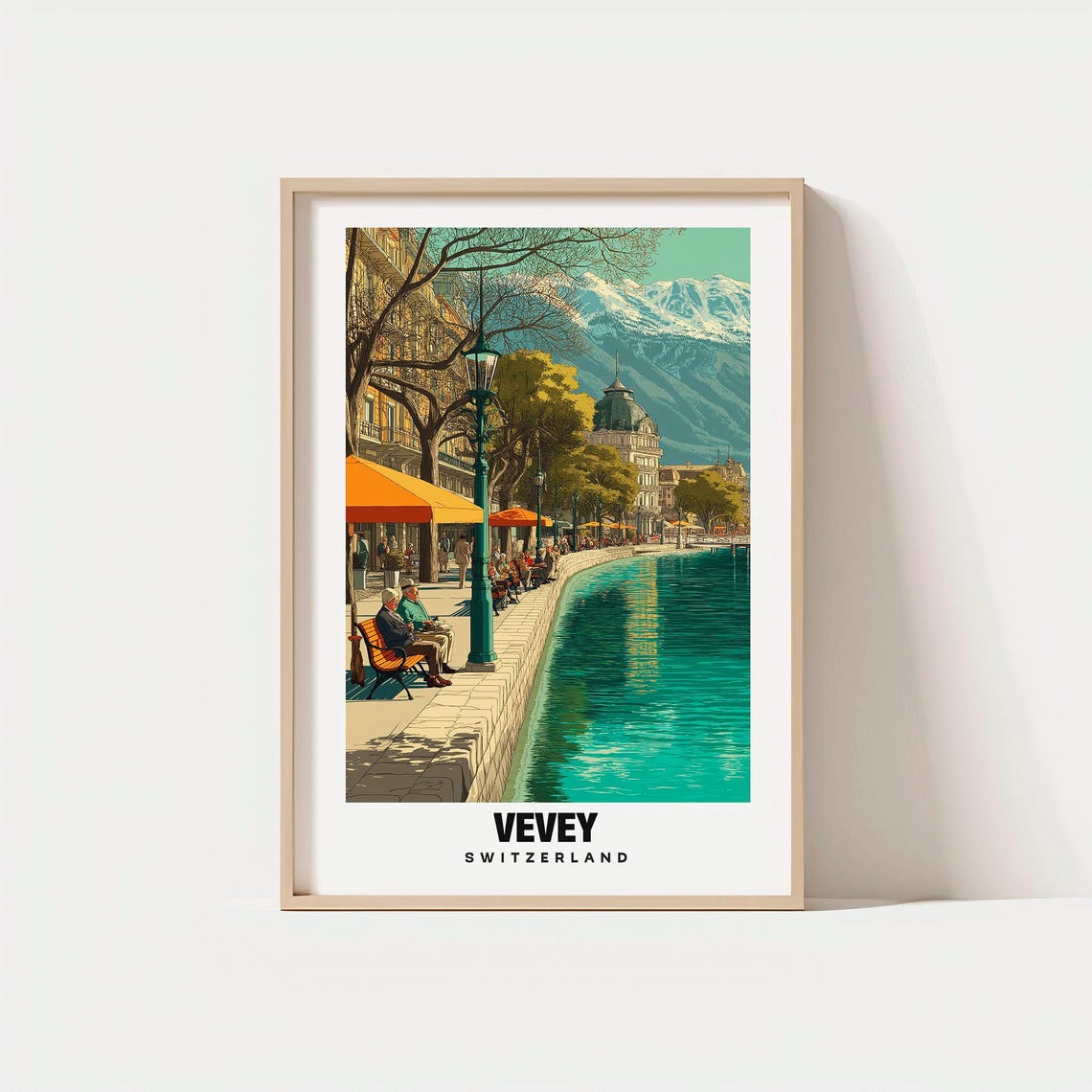 Vevey Switzerland Lakeside Promenade Alpine Town Scene Travel Poster