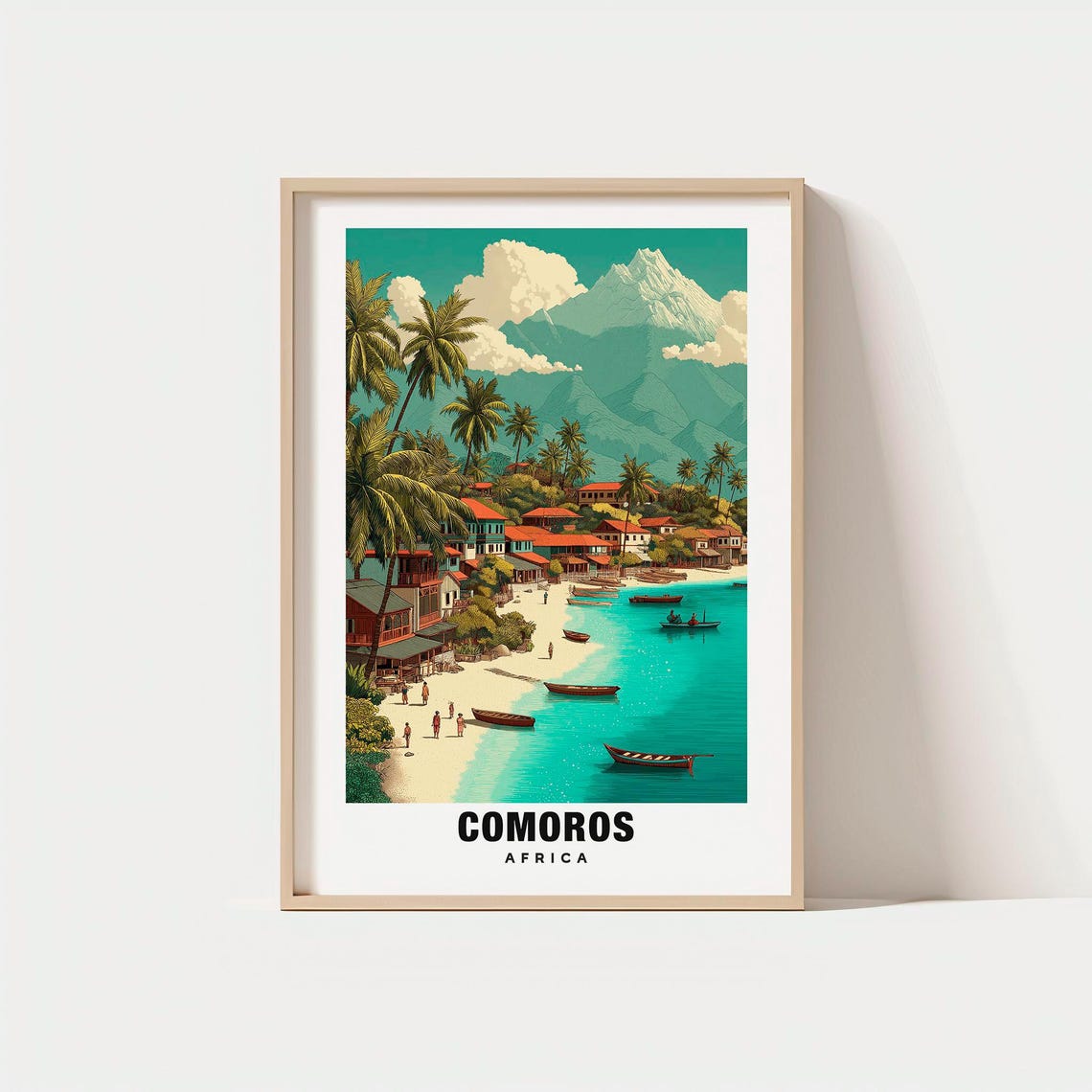 Comoros Africa Tropical Island Beach Village Retro Travel Poster