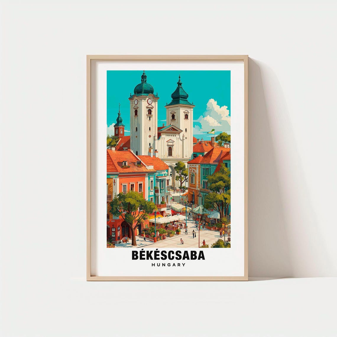 Bekescsaba Hungary Church Twin Towers Market Square Scene Poster