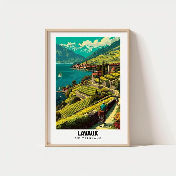 Lavaux Switzerland Vineyard Terraces Lake Alps Vintage Travel Wine Poster