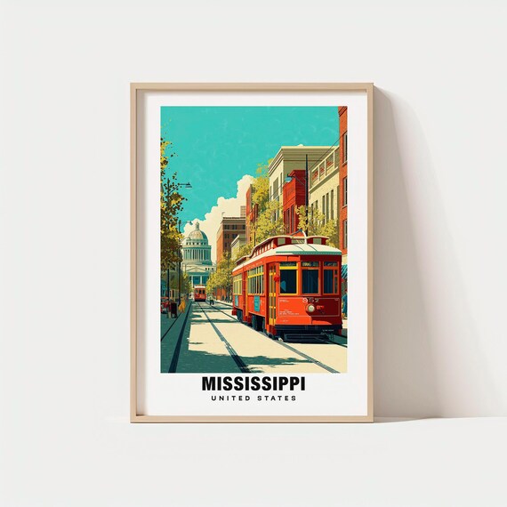 Mississippi United States Red Streetcar City Street Capitol View Poster