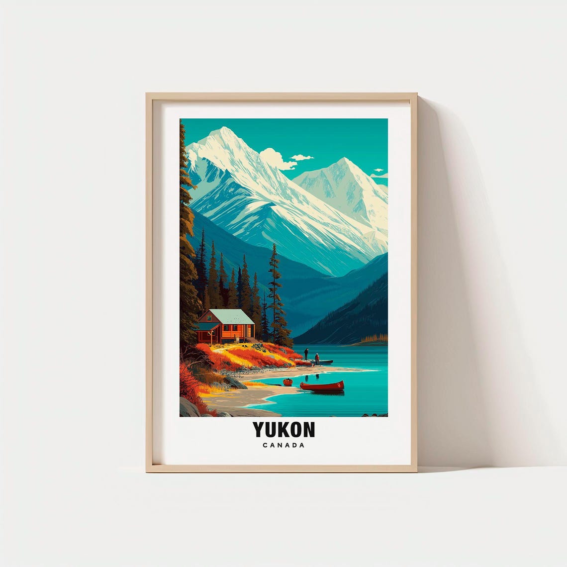 Yukon Canada Mountain Lake Log Cabin Canoes Wilderness Poster