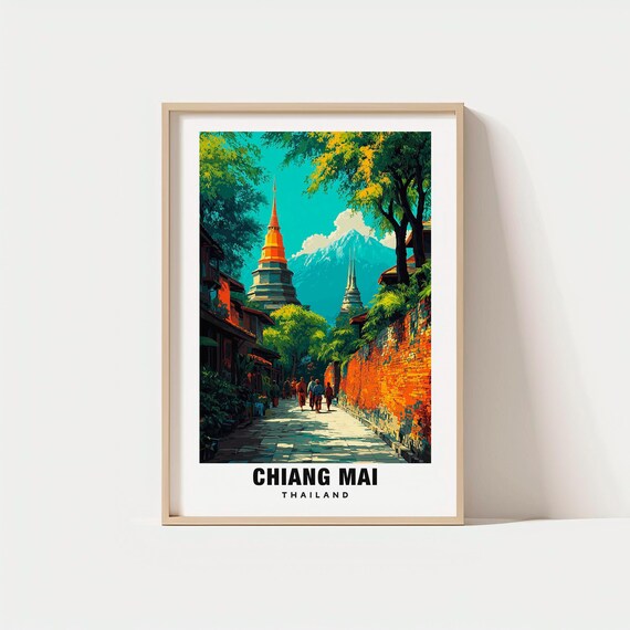 Chiang Mai Thailand Poster Temple Spires Brick Wall Monks Trees Travel Art