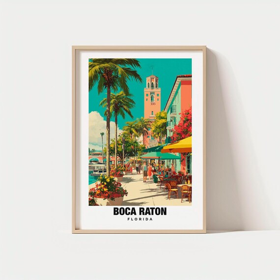 Boca Raton Florida Palm Waterfront Promenade Retro Travel Poster