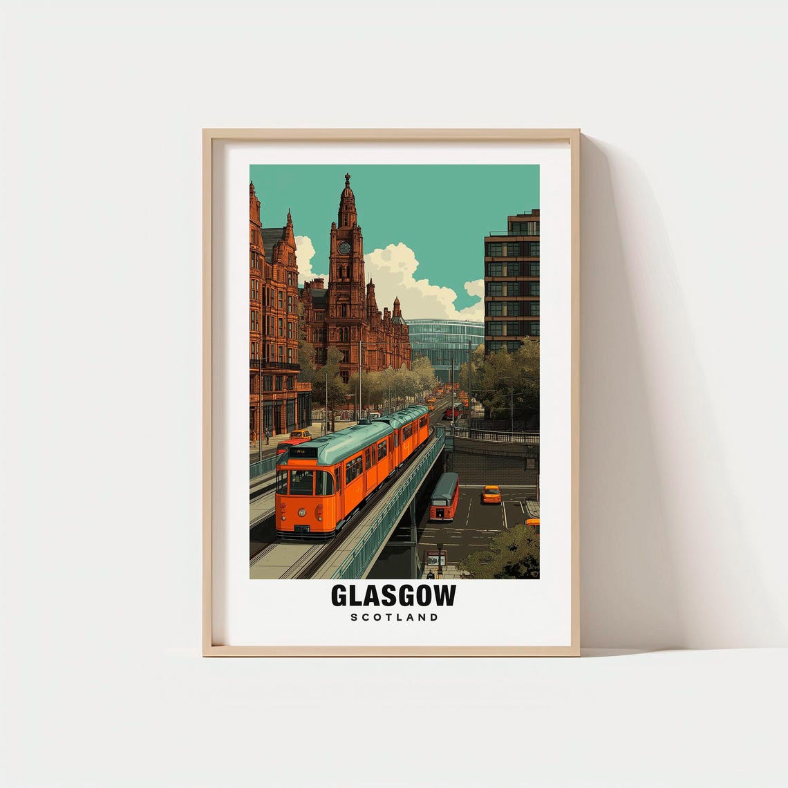 Glasgow Scotland Orange Tram City Street Historic Brick Poster