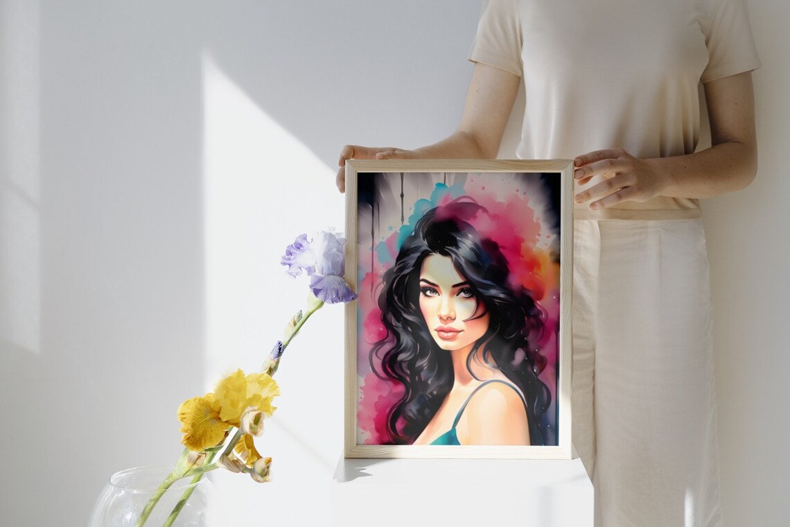 Brunette Woman Watercolor Portrait Pink Splash Elegant Beauty Poster - Image 3