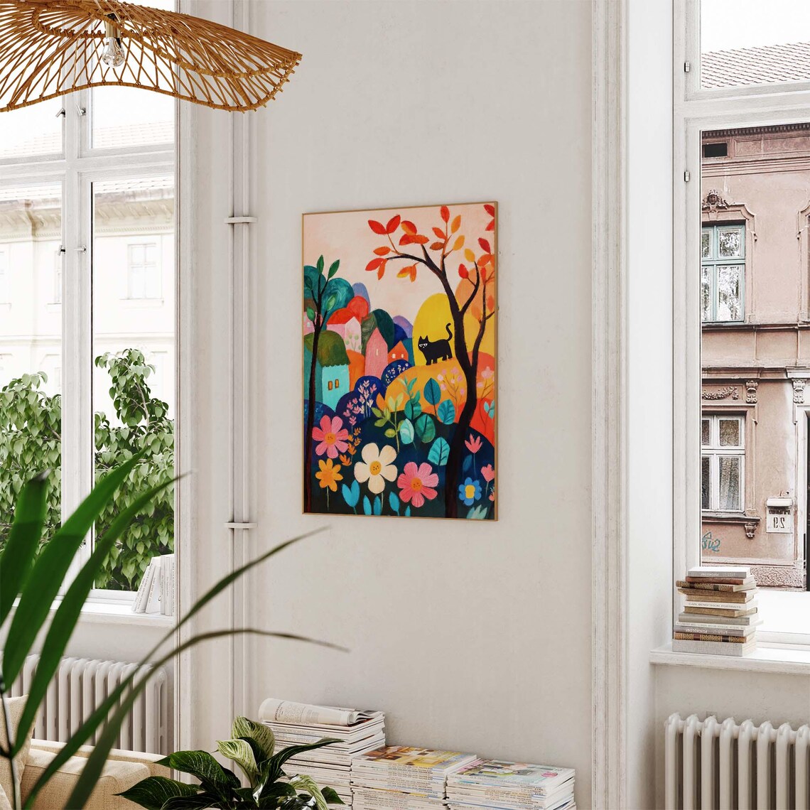 Black Cat In Matisse Inspired Autumn Village Garden Colorful Art Poster - Image 2
