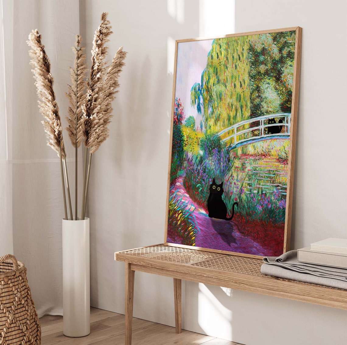 Two Black Cats At A Japanese Bridge In An Impressionist Garden Poster - Image 4