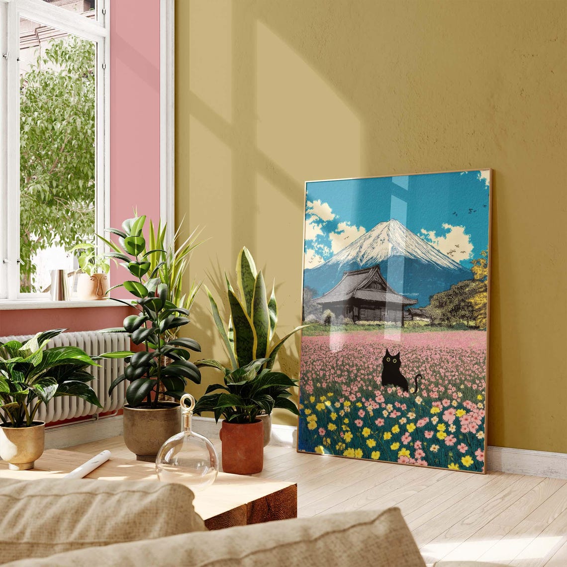 Black Cat In A Flower Field Beneath Mount Fuji Temple Poster - Image 3