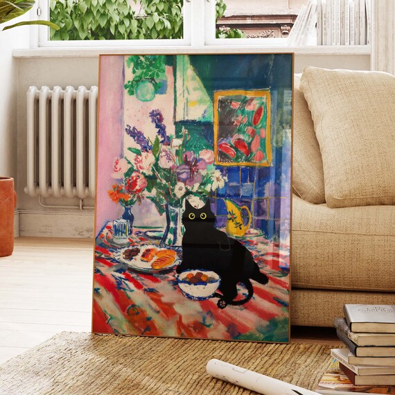 Black Cat In Matisse Inspired Breakfast Still Life With Flowers Poster