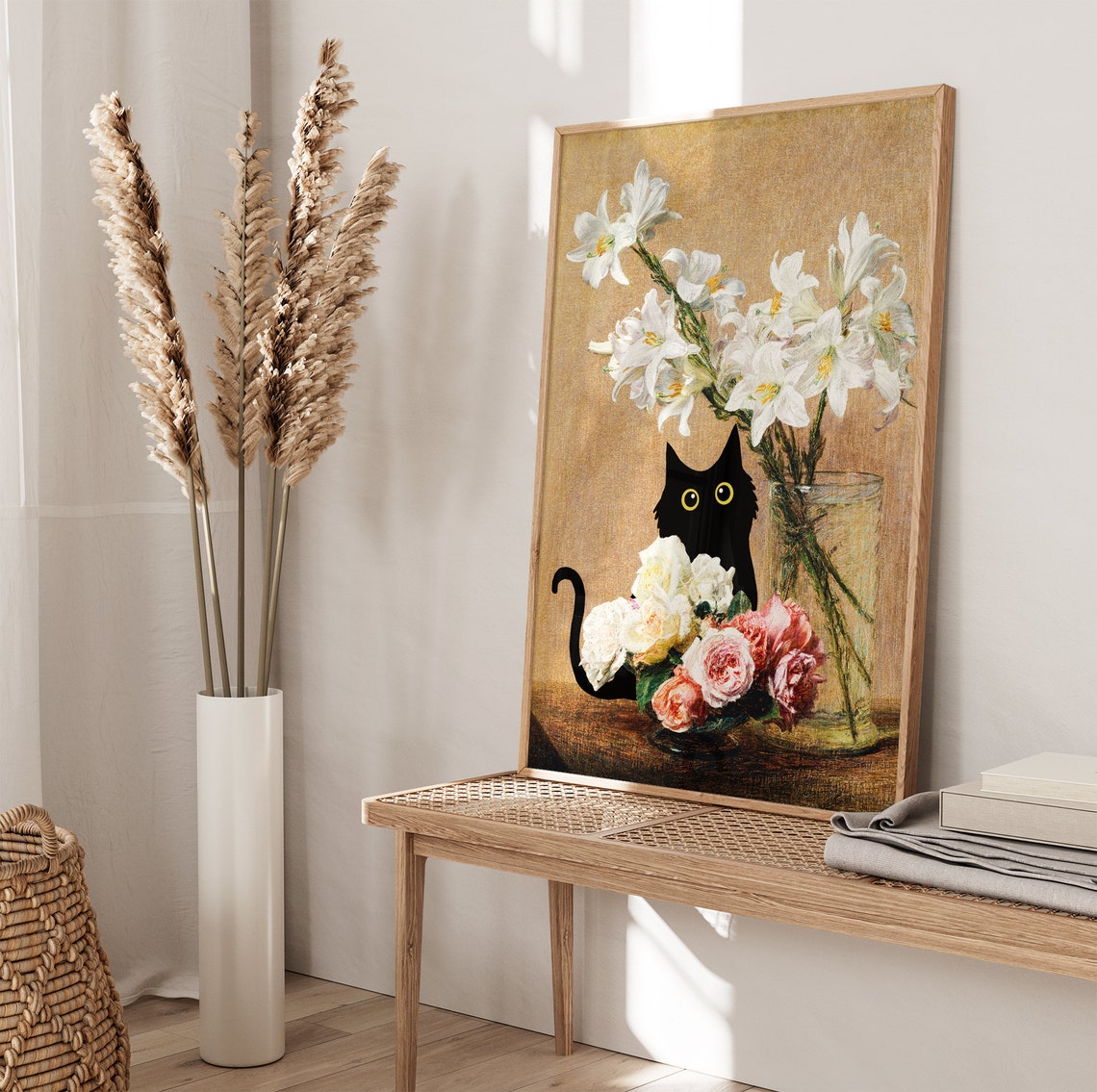 Black Cat Among White Lilies And Roses Still Life Flower Cat Poster - Image 4