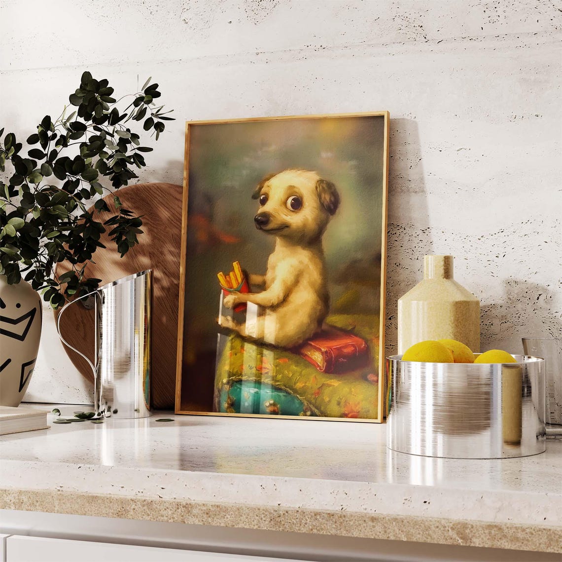 White Puppy With French Fries Perched On Stacked Books Poster - Image 2