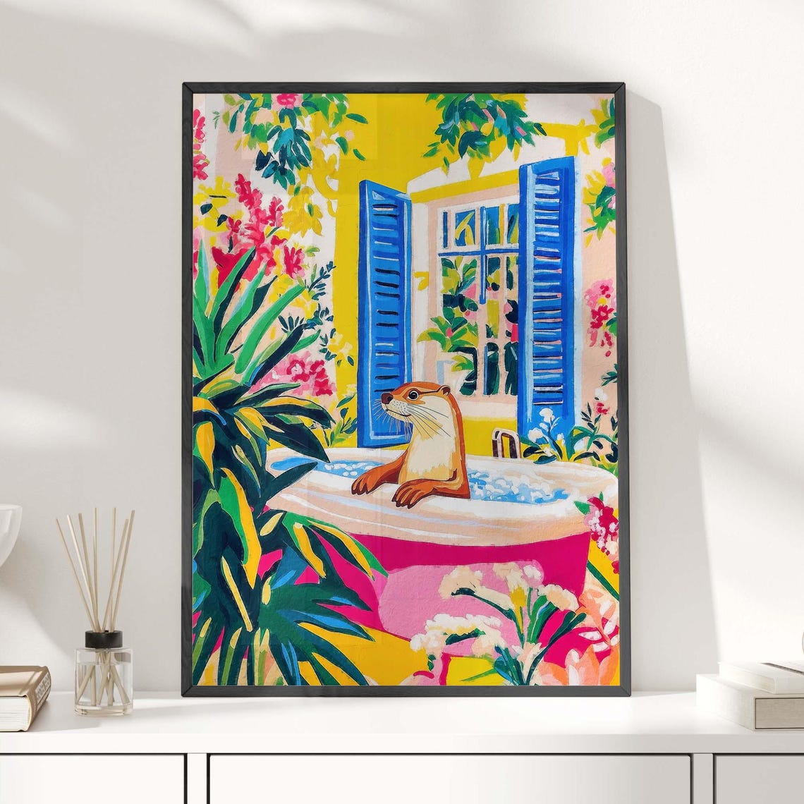 Otter Soaking In Pink Bathtub In Tropical Yellow Bathroom Funny Poster - Image 4