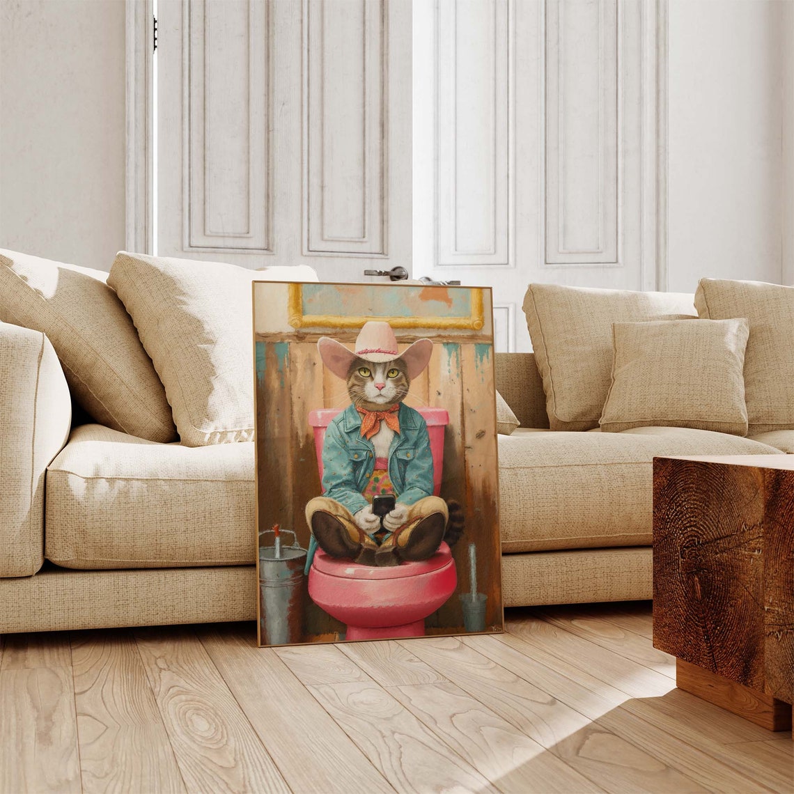 Cowboy Cat in Hat and Denim Jacket Sitting on a Pink Toilet Poster - Image 3