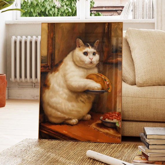 Fat Cat With Tacos Vintage Painting Poster