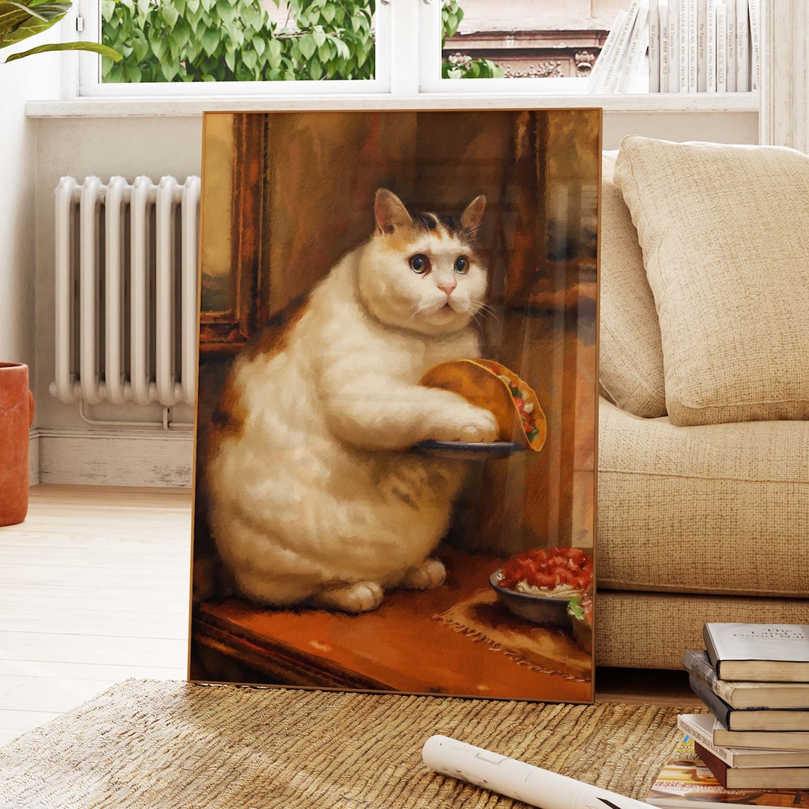 Fat Cat With Tacos Vintage Painting Poster
