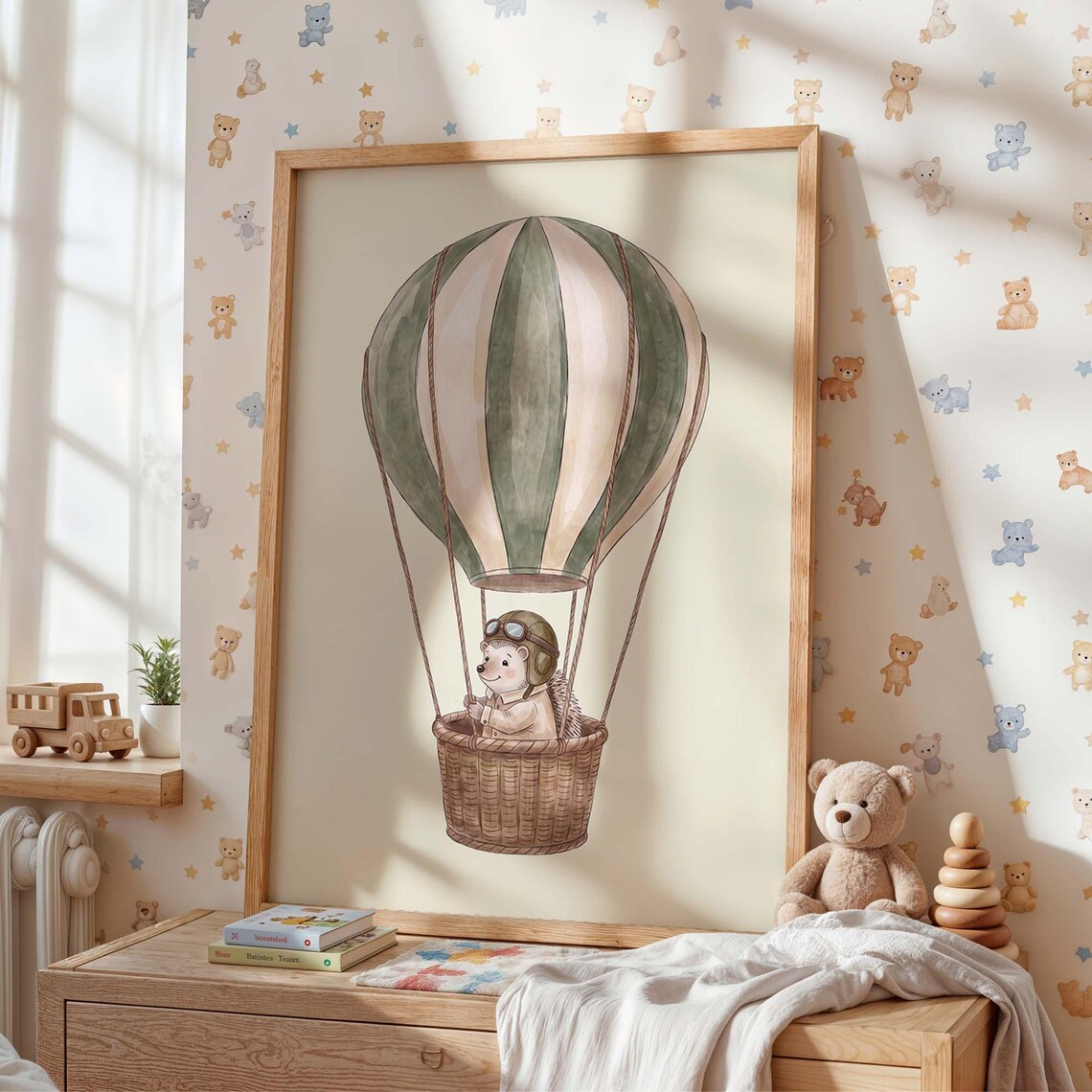 Hedgehog Hot Air Balloon Nursery Art Print, Woodland Decor