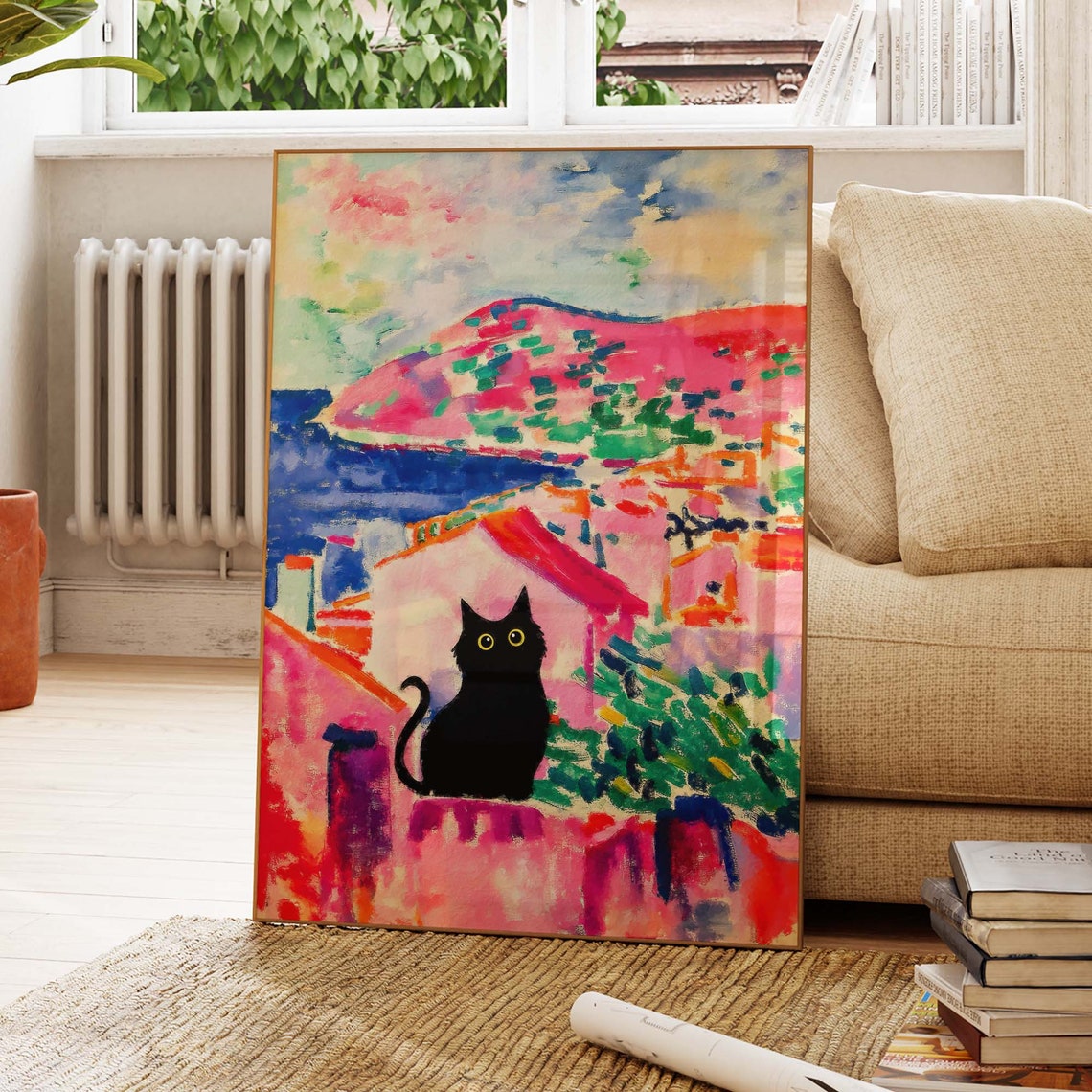 Black Cat Overlooking Matisse Style Coastal Village Art Poster