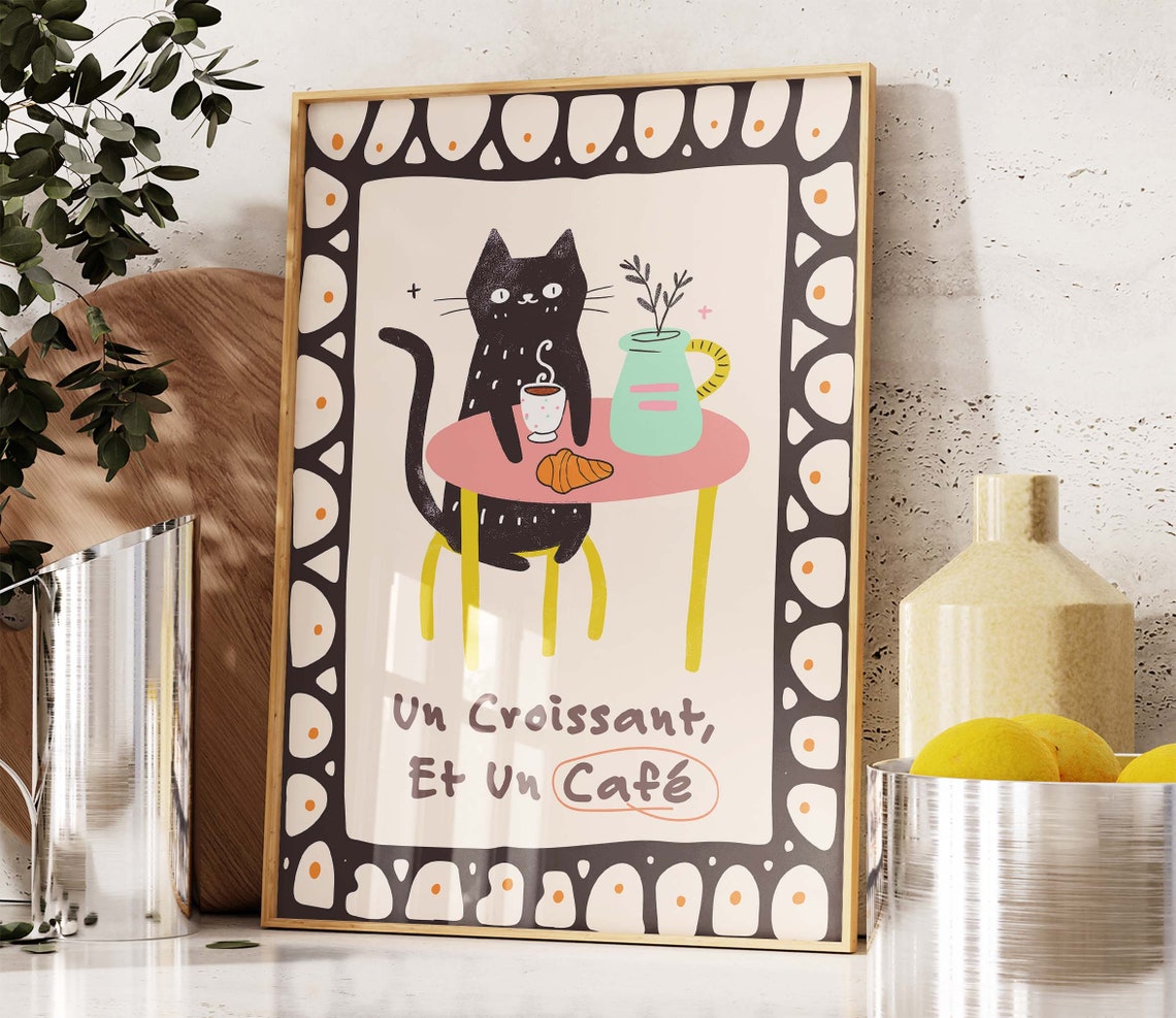 Un Croissant Et Un Cafe Black Cat At French Cafe Table Cute Poster