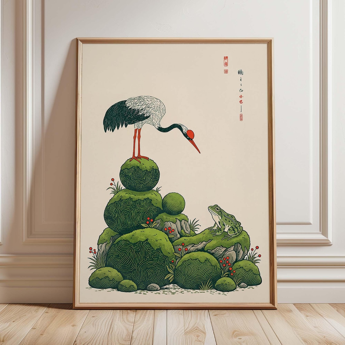 Red Crowned Crane Japanese Woodblock Garden Art Print