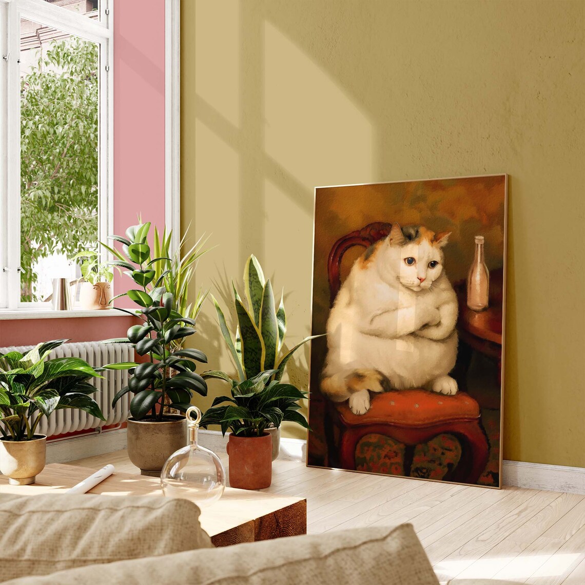 Chubby Calico Cat Lounging On Red Chair Next To Bottle Painterly Poster - Image 3