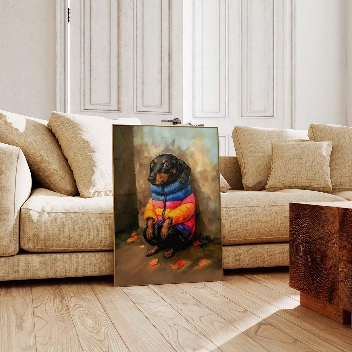 Dachshund Wearing A Colorful Striped Puffer Jacket In Autumn Poster - Image 4