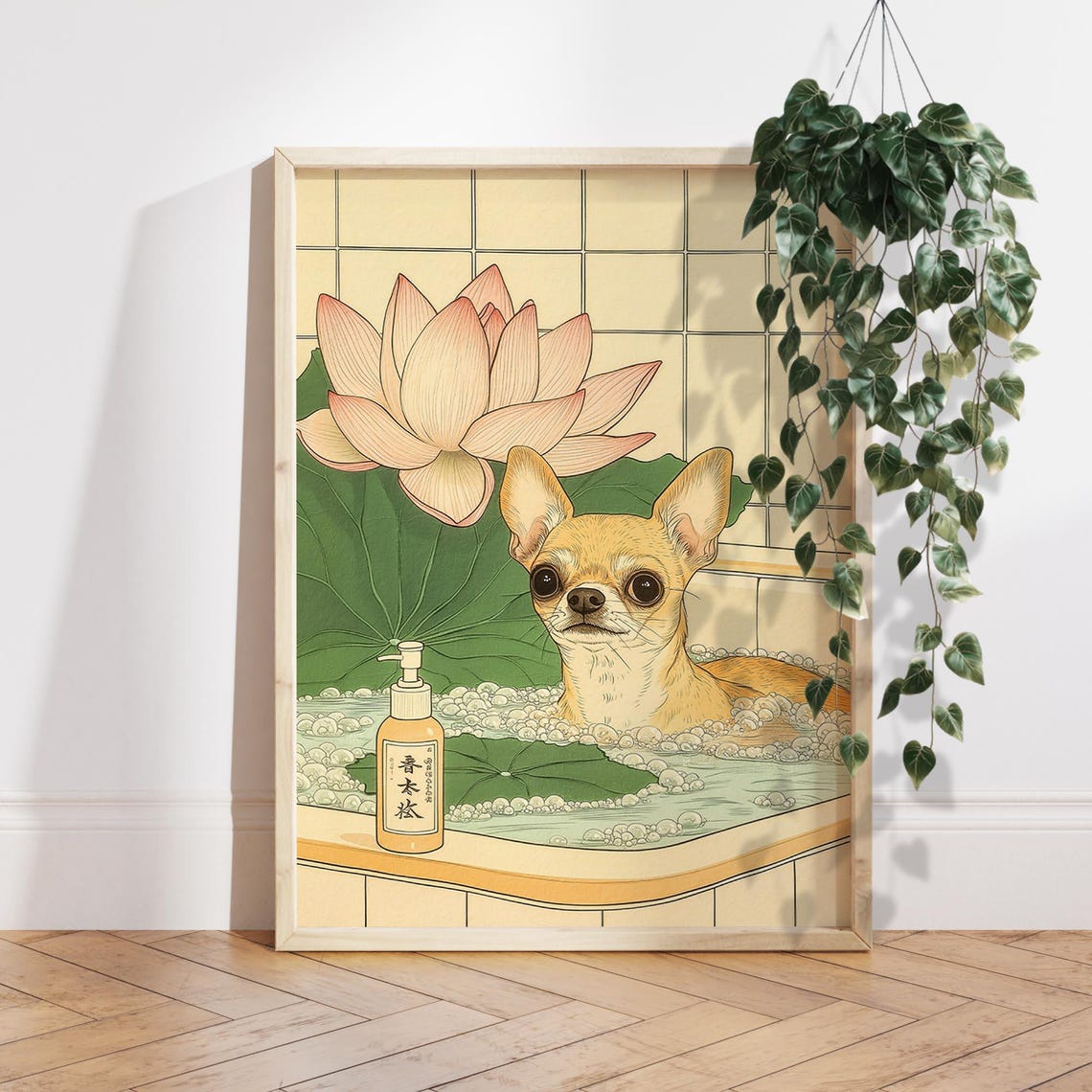 Chihuahua In Bathtub With Lotus Flower Japanese Style Funny Dog Poster
