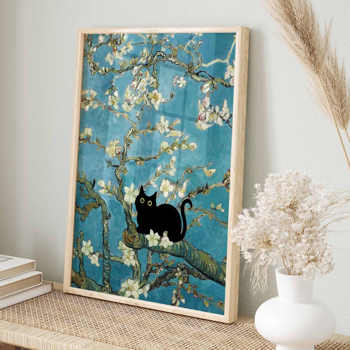 Black Cat Perched on a Branch in Van Gogh Almond Blossom Art Poster - Image 4