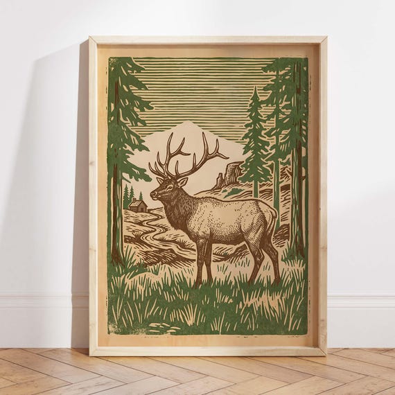 Elk Wildlife Print, Vintage Forest Lodge Art