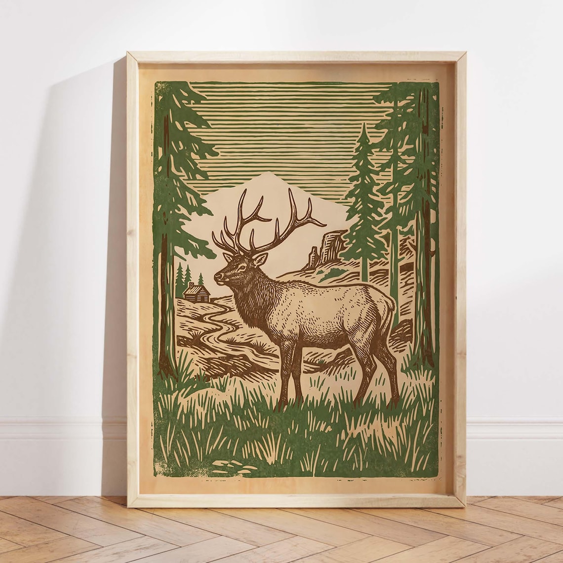 Elk Wildlife Print, Vintage Forest Lodge Art