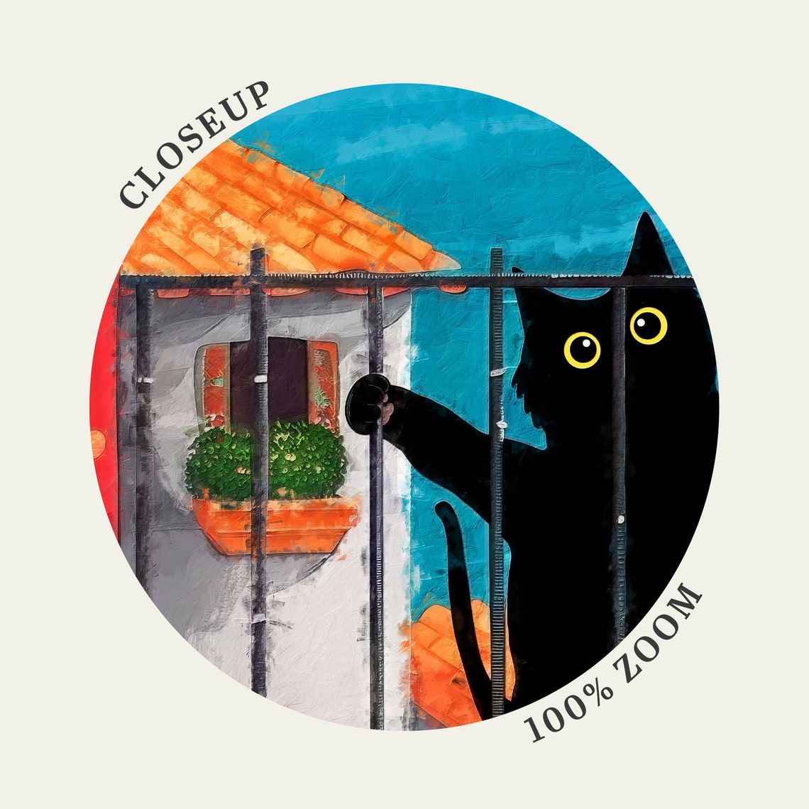 Black Cat At A Red Doorway Overlooking A Coastal Town Poster - Image 4