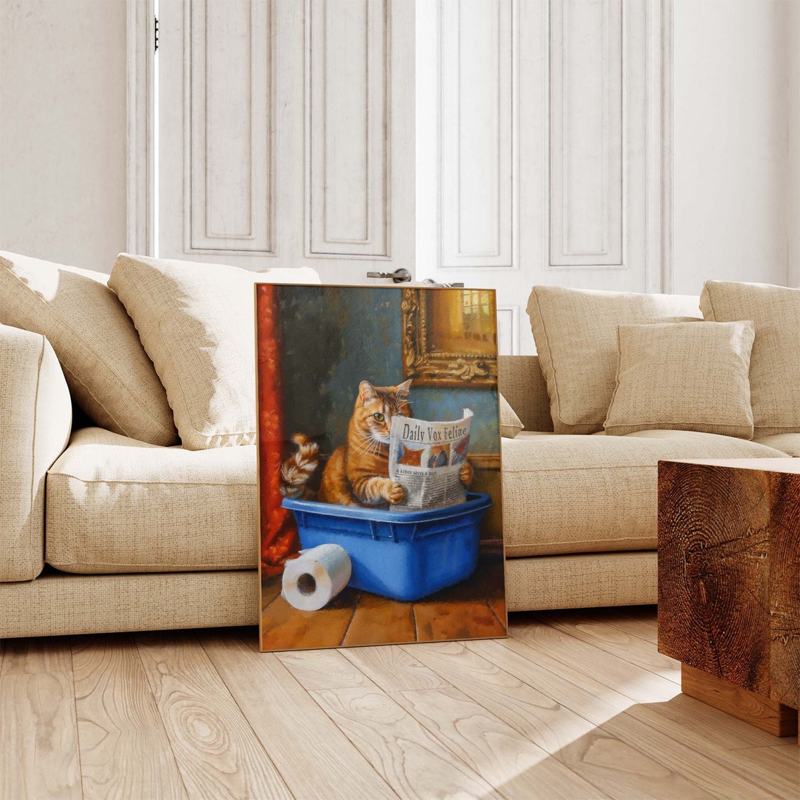 Tabby Cat Reading Daily Vox Feline Newspaper In Blue Litter Box Poster - Image 4
